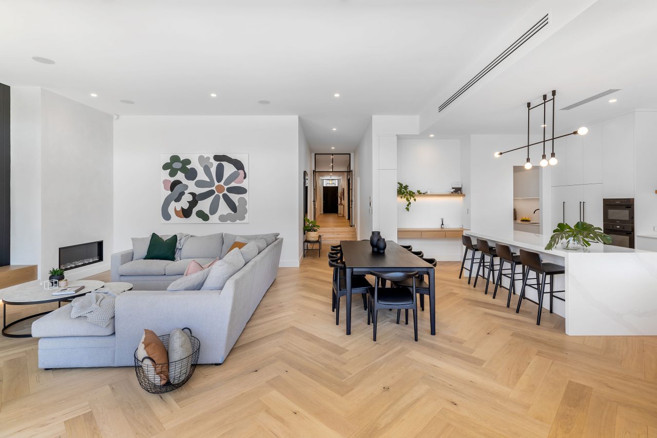 Herringbone timber flooring for open spaces