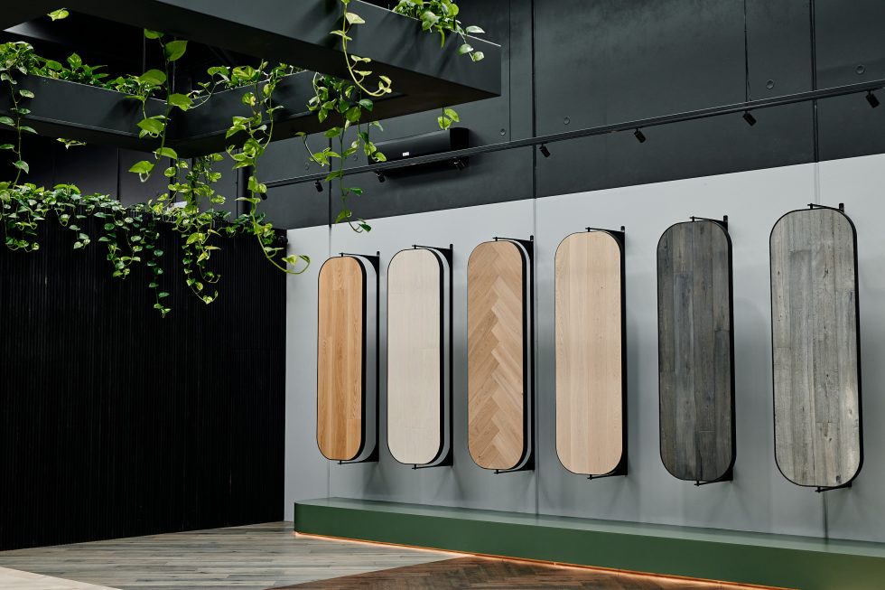 Timber flooring species at Kustom Timber showroom
