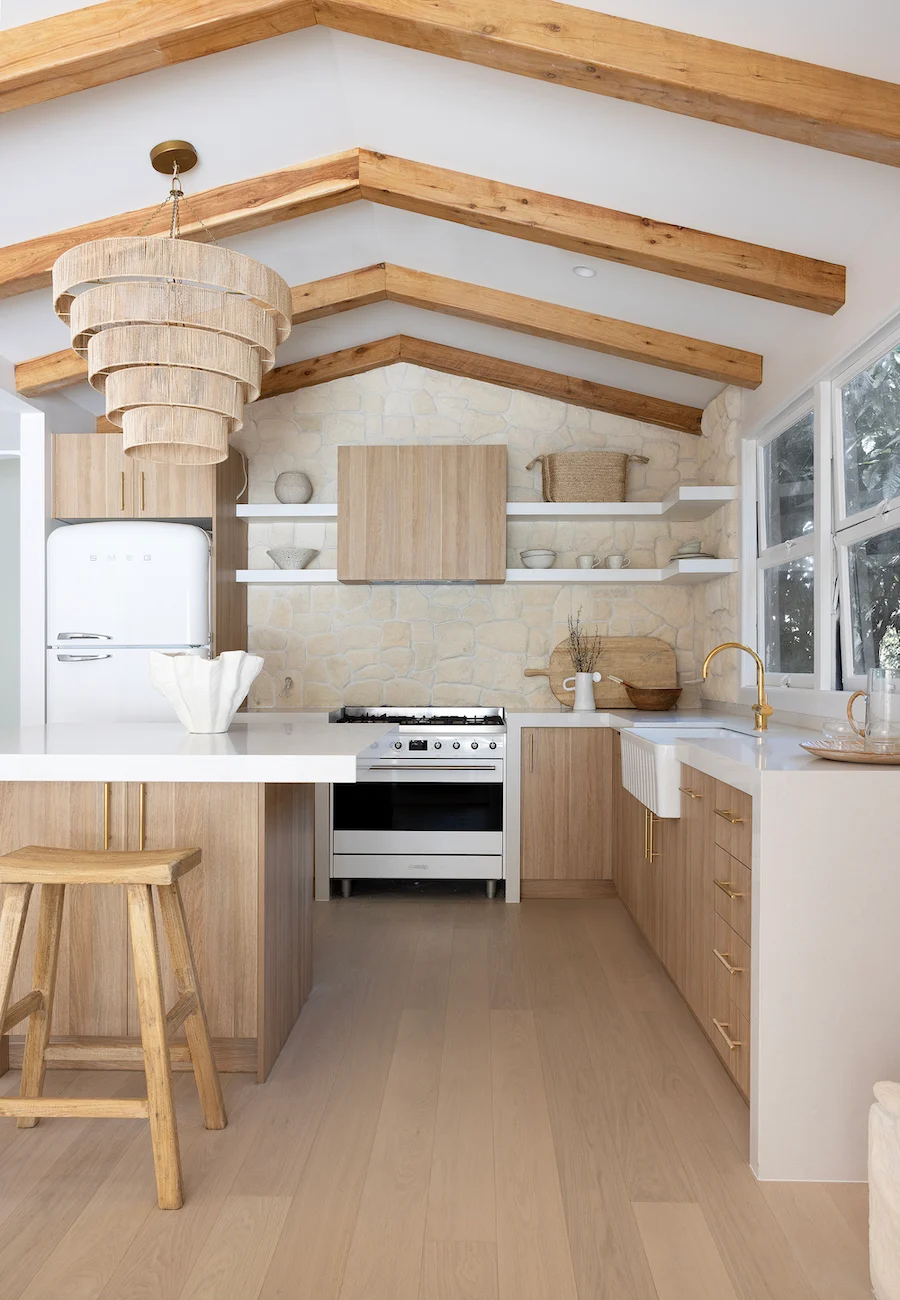 Beige timber flooring in kitchen