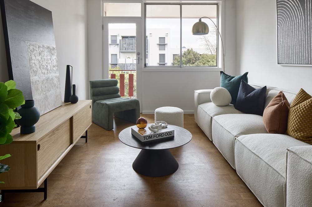 living room with cork flooring