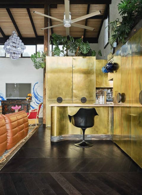 Chevron timber flooring in Kustom Timber’s Black Japan finish, featured in a bold interior at Brass House, Mount Eliza.