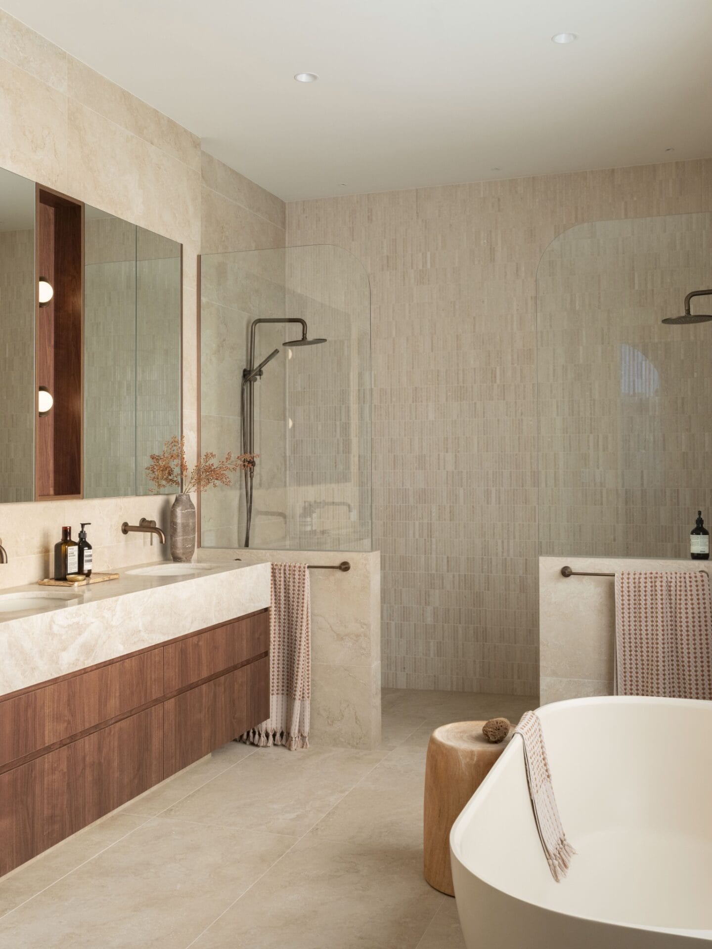 Ensuite at MARÈA with freestanding bath and glazed double shower